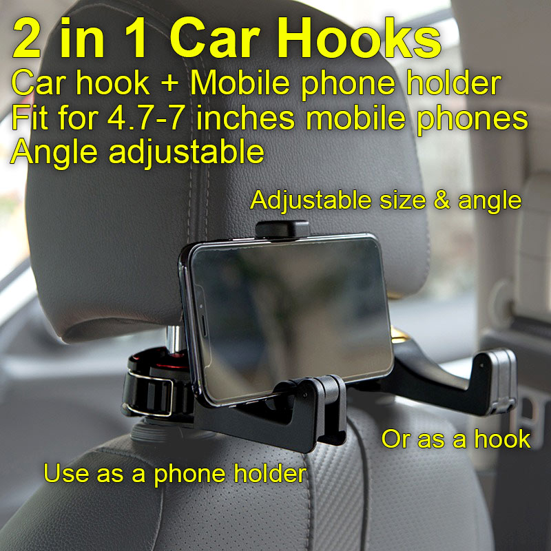 Adjustable Car Headrest Hook For Purses And Bags With Phone Holder